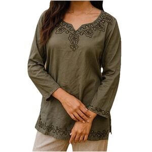Kaaku Women's Blouse Tunic Free Size Embroidered Sequin Green Long Sleeve V-Neck